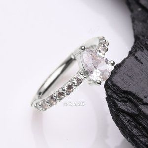 14K White Gold Teardrop Solitaire Sparkle Multi-Gem Seamless Clicker Hoop Ring